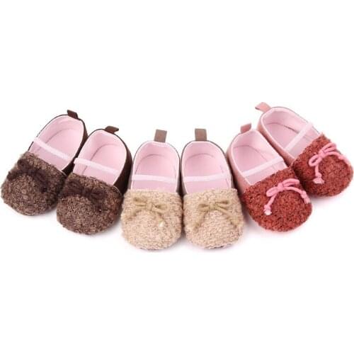 Baby Shoes Girls Breathable Plush Bowknot Print Anti-Slip Sneakers Toddler Soft Soled Walking Shoes 0-12M Baby Shoes Autumn wf