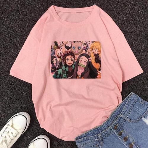 Japanese Anime Demon Slayer T Shirt Women Ulzzang Harajuku Pink Short sleeve TShirt Cartoon Graphic Kimetsu No Yaiba Casual Tops