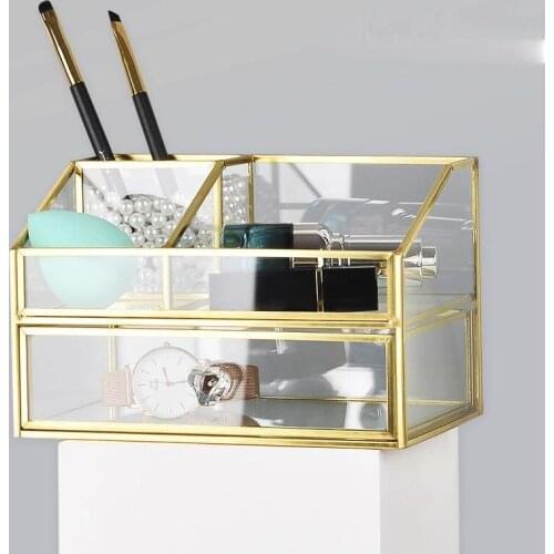 Creative Golden Makeup Organizer With Drawer Desktop Cosmetic Storage Box Lipstick Holder Dust-proof Jewelry Storage Box ZM225