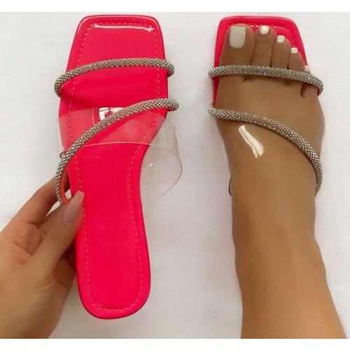 Summer Womens Shoes Fashion Square Toe Rhinestone Slippers Open Toe Sexy Outdoor Flat Sandals Plus Size 42
