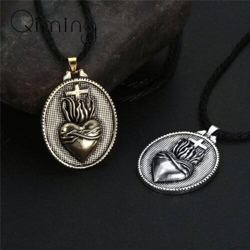 Cross Christian Sacret Heart Men Necklace Pendant Oxidized Religious Amulet Silver Amulet Necklaces Women