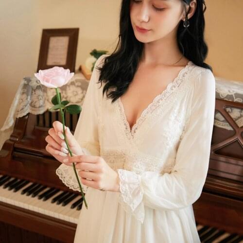Autumn Long-Sleeved Nightdress Womens Modal Cotton Long Sexy Sleepwear Embroidered Lace Princess Sleep Dress V-Neck Night Wear
