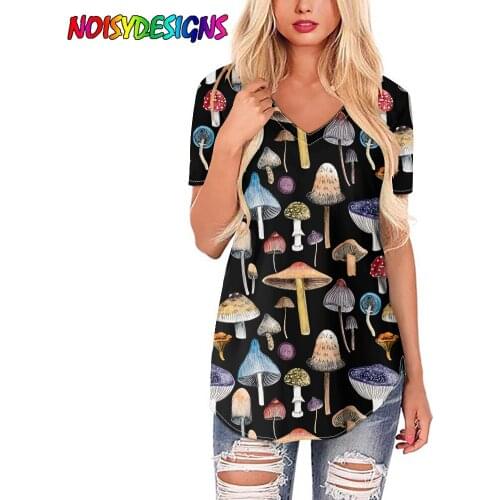 NOISYDESIGNS Harajuku Style Woman Tshirts Mushrooms Print Short Sleeve Black T-shirt Summer V-neck Tee Shirt Girls Tops Mujer