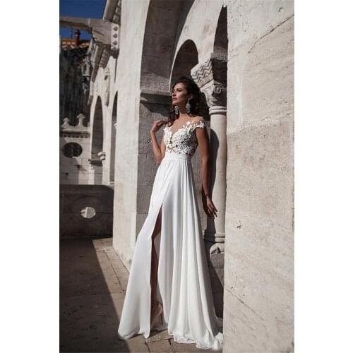 New Arrivals Sexy Sheer Neck Thigh-High Slits Aline Sleeveless Bridal Gowns Cheap Fashion Elegant Lace Long Beach Wedding