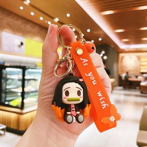 Ghost Blade Animation Keychains Cartoon Doll Key Chain Kamado Tanjirou Pompom Yaiba Keyring Pendant Accessories