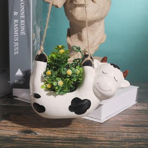 Lovely Cartoon Cows Design Ceramics Hanging Basket Creativity Mini Animal Flower Pot Personality Monkey Suspension Potted Plants