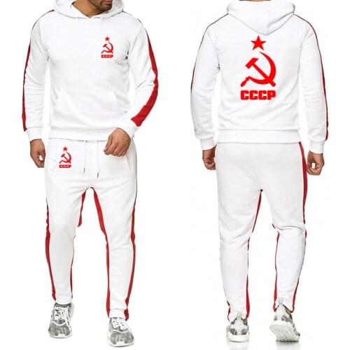 Spring Autumn Mens suits Unique CCCP Russian USSR Soviet Union high quality stripe Cotton Mens sweatshirt + pants 2-piece suit