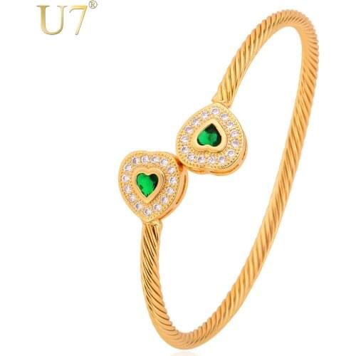 U7 Valentines Gift Heart Bracelet Trendy Gold/Silver Color AAA Zirconia Fashion Jewelry Cuff Bracelets For Women H557