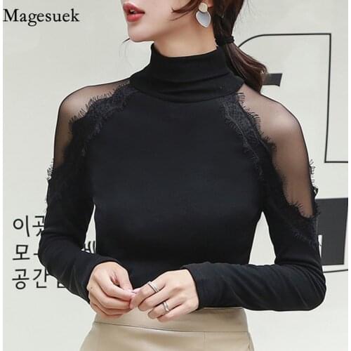 Spring Long Sleeve Lace Blouse Women 2021 Fashion Solid Women Blouses Tops Casual Office Lady Turtleneck Slim Women Shirts 11093