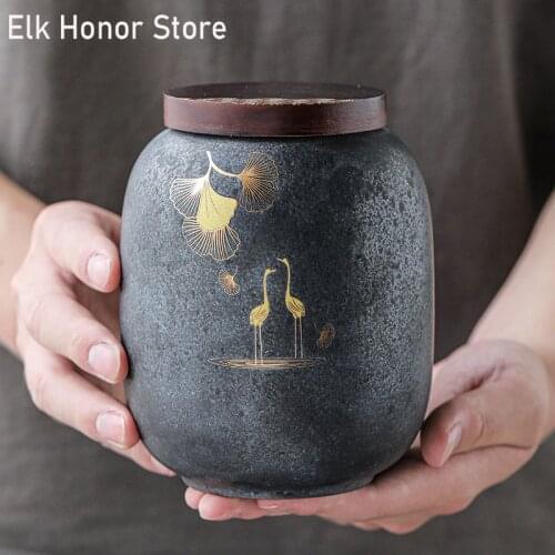 Coarse Ceramic Tea Pot Handmade Gingko Elk Ceramic Sealed Pot Storage Bucket Tea Packing Box Household Black Green Tea Pu'er Pot