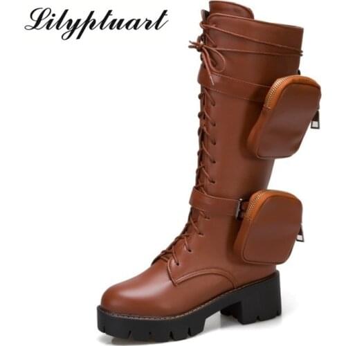 Pocket Motorcycle Boots Women Platform Shoes Lace Up Thick-soled Black Shoes Woman Half Botas de Mujer size 43 women shoes