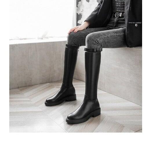 NAUSK 2021 NEW Winter over the knee boots med heels round toe black color women boots fashion leather boots