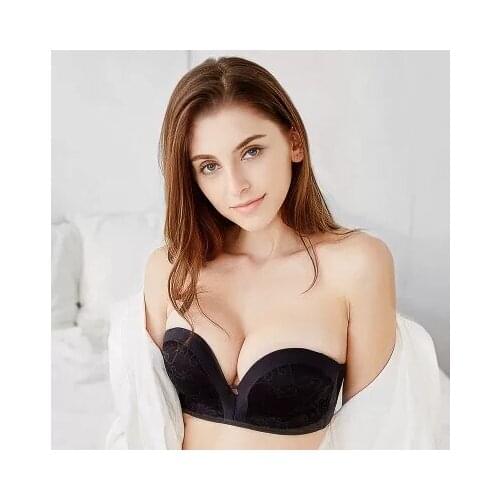 Womens Hand Shape Custom Lift Invisible Strapless Wirefree Anti-Slip Bra Slightly Lined Lift Great Support Lace Strapless Bra