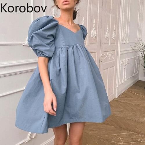 Korobov 2021 New Fashion Summer Solid Vintage Dress Women V Neck Puff Sleeve ALine Dresses Cotton High Waist Vesstidos