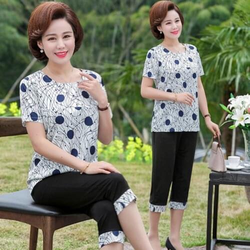 2pcs / Set ,MotherS Summer Middle-Aged WomenS Short Sleeve T Shirt Tops + Calf-Length Pants Female Office Lady Plus Size Sets