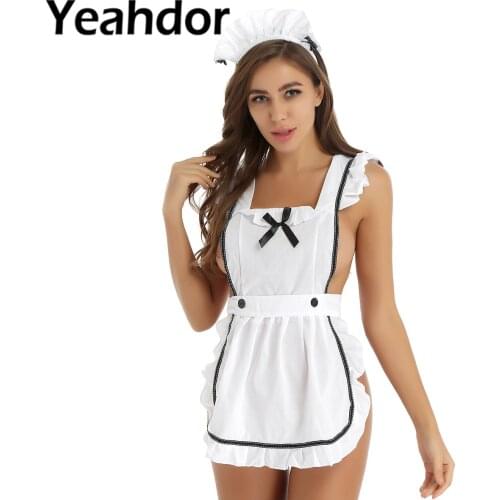 3Pcs Womens Erotic Maid Cosplay Costume Set Ruffle Retro Apron Cooking Cleaning Fancy Dress with Hair Hoop and G-string Briefs