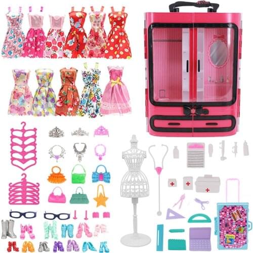 63pcs Barbies Doll Clothes Accessories=Wardrobe+Shoes Rack+Hangers+Crown+High heels+Bags+Skirts+Glasses+Earrings+Bracelets Toys