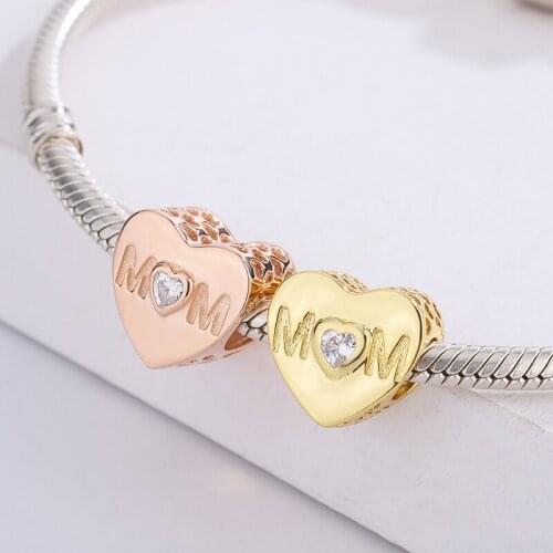 925 Sterling Silver Rose Gold And Golden Heart Mom Charm Snake Bracelet Pendant DIY Jewelry Making For Original Pandora
