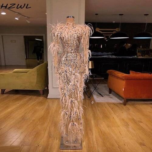 Shiny Feathers Sequined Evening Dresses Illusion Long Sleeves Mermaid Prom Dress Celebrity Dubai African Wear robe de soiree
