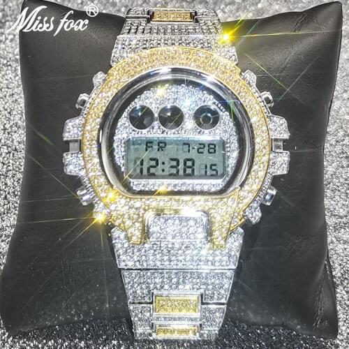 Big Size Digital MISSFOX Mens Watches Top Luxury Hip Hop Full Diamond Wristwatch Multifunction Chronograph Tell time Clock 2021