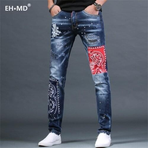 EH·MD® Embroidered Patch Jeans Mens Painted Ripped Hole Ethnic Style Decoration Micro Chapter Scratched Cotton Slim Pants Plaid