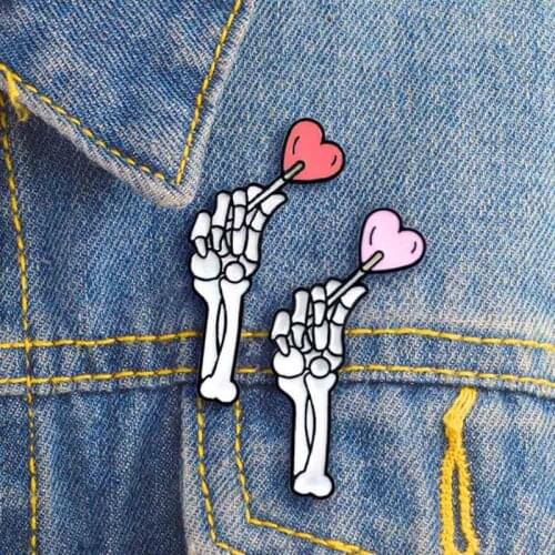 Halloween Skeleton Hand Cute Heart Lollipop We Eat Sweet Heart Gothic Vampire Friends Enamel Couple Brooches Pins