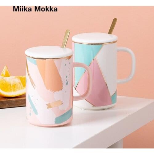 Geometry Coffee Cup with Lid Spoon Nordic Style Creative Painted Coffee Mug Pink Color Milk Mug Water Cup Home Drinkware