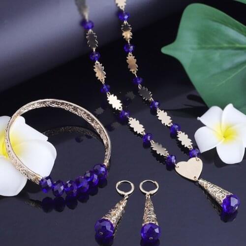 Hawaiian Jewelry Green Set Heart Colourful Crystal Polynesian Gold Pink Chian Necklace Earrings Wholesale for Women Girl Gift