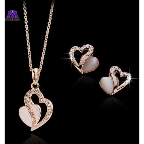Real Gold Plated Made With Semi-precious Stone And CZ Cubic Zircons Heart Wedding Jewelry Earrings&Necklace Set For Women