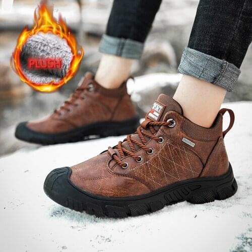 Leather Snow Boots Warm Plush Winter Trail Trekking Hiking Shoes Men Size 39-46 Rubber Platform Non-slip Outdoor Sport Shoes