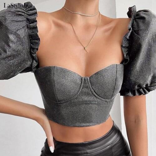 LaStylisher Puff Short Sleeve T Shirt Summer Elegant Women Cropped Top Sexy Silver Black Casual Vintage Ladies T-shirt 2020 New