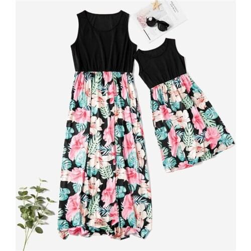 Mother Daughter Dresses Summer Sleeveless Patchwork Frocks Girls Casual Floral Print Long Gown Family Matching Clohtes