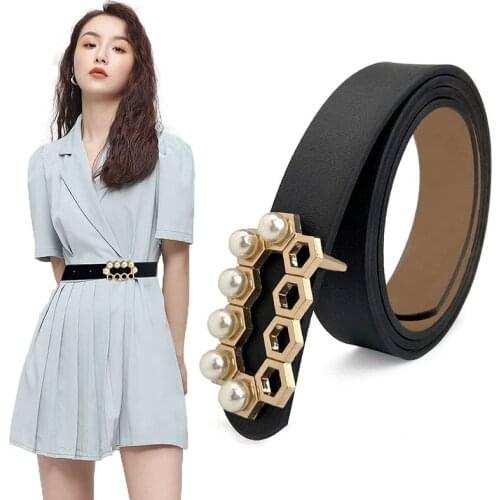 Fashion Pearl Metal Buckle Belts For Women Thin Belt Black PU Leather Waistband Female Dress Skirt Decorative Strap