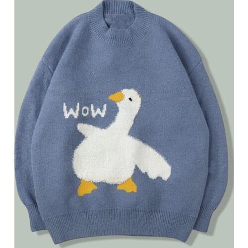 Harajuku Fashion Duck Print Knitted Sweaters Men Hip Hop Streetwear Campus Casual Sweater Autumn Couple Unisex Oversize Pullover