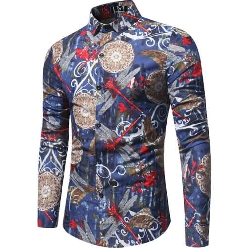 Print Mens Shirt 2020 Casual Long-sleeved splicing flower shirt lapel design mens self-cultivation color large size shirt