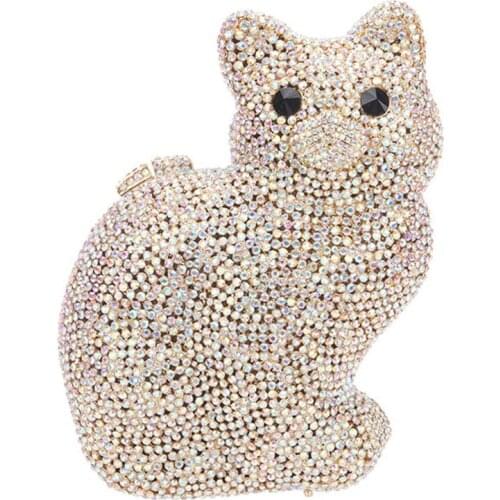 2019 New Arrival Cat Shape Gold/ Silver Metal Bag Evening Clutches Bags Fashion Crystal Women Party Clutch Handbags Lady Purses