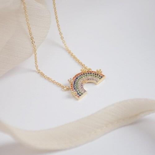 Luxury Brand New 14k Real Gold Color Shiny Zircon Smile Rainbow Necklace Ladies Super Beautiful Jewelry Sisters Girlfriend Gifts