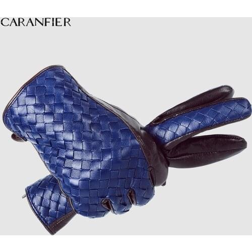CARANFIER Winter Mens Genuine Goatskin Sheepskin Gloves Real Leather Hand Weave Finger Warm Mittens Outdoor Driving Bike Riding