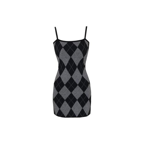Ruibbit New Arrival Hotgirl Summer Gothic Rock Women Grey black Rhombic Knitting Sexy Strap Sleeveless Female Mini Party Dress