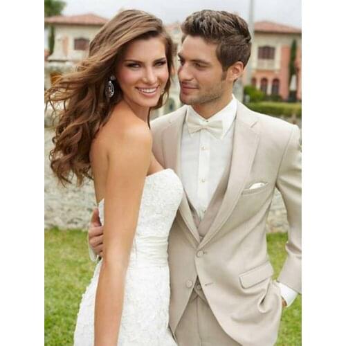 CUSTOM MADE LIGHT BEIGE GROOM TUXEDO,BESPOKE BEIGE WEDDING SUITS FOR MEN (Jacket+Pants+Vest+Tie+Pocket Square)