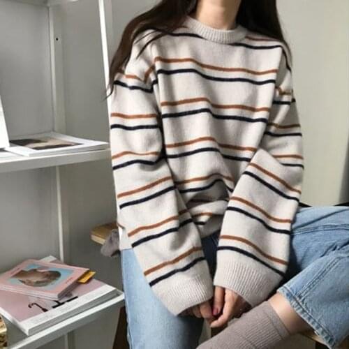 Winter Clothes Women Knitted Sweater O-Neck Striped Long Sleeve Top Women Casual Korean Clothing Loose Female Pullover Sweater