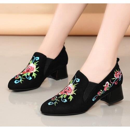 Spring Autumn Women Dress Shoes Flowers Embroidery Pumps Woman Boat Shoes Faux Suede Retro Bare Female zapatos mujer 8159N