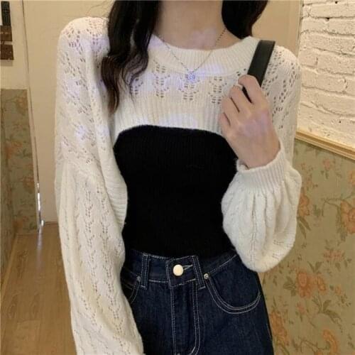 Spring and autumn Korean style short pullover solid color sweater women loose wild long-sleeved sunscreen top all-match