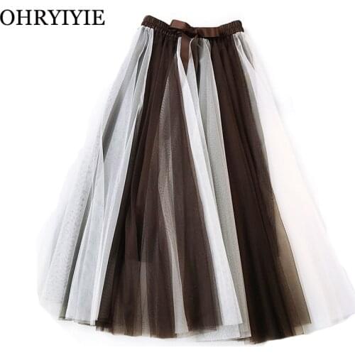 OHRYIYIE 2021 Spring Summer Contrast Color Adult Long Tulle Skirt Women Pleated Maxi Skirts Female Patchwork Bohemian Skirt Lady