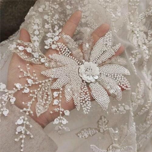 High Grade Luxury Sequin Nail Bead Embroidery Flower Lace Fabric Wedding Dress Veil DIY Clothes Sew Patch Accessories
