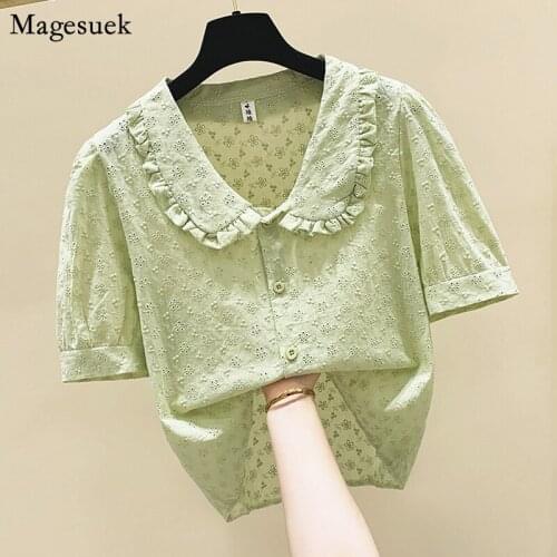 2021 Summer Loose Casual Ruffles Tops Sweet Dollar Collar Hollow Blouse Women Elegant Puff Sleeve Crochet Lace Shirts 14954