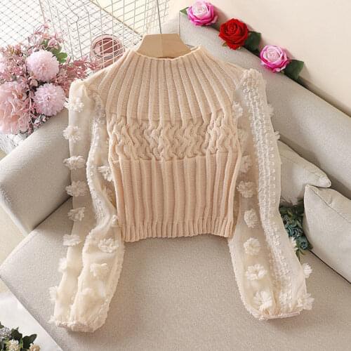 WYWMY 2021 New Womens Sweater Fashion Appliques Chiffon Puff Sleeve Patchwork Short Knitting Sweater Ladies Chic Pullovers Tops