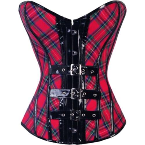 Women Bustier Red Plaid Corset With PVC Buckles Lace Up Gothic Top Overbust