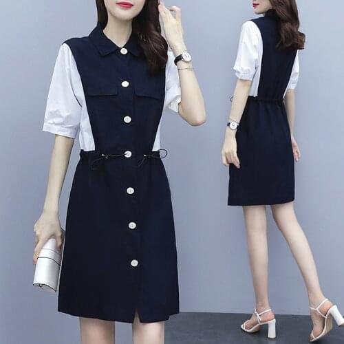 Mujer Vestidos Womens 2020 Summer High Waist Dress Women Cotton Linen Splicing Contrast Color Short Sleeve Dress Female A1007