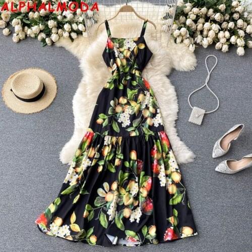 ALPHALMODA 2021 Summer Women Tropical Printed Floral Maxi Tank Dress High Waist Slim A-line Fashion Holiday Resort Dress
